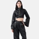 Black Vegan Leather Cropped Jacket Lan03