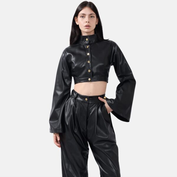 Black Vegan Leather Cropped Jacket Lan03 - Image 3