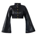 Black Vegan Leather Cropped Jacket Lan03