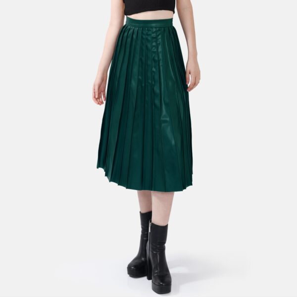 Vegan Leather Pleated Midi Green Skirt Han7 - Image 3