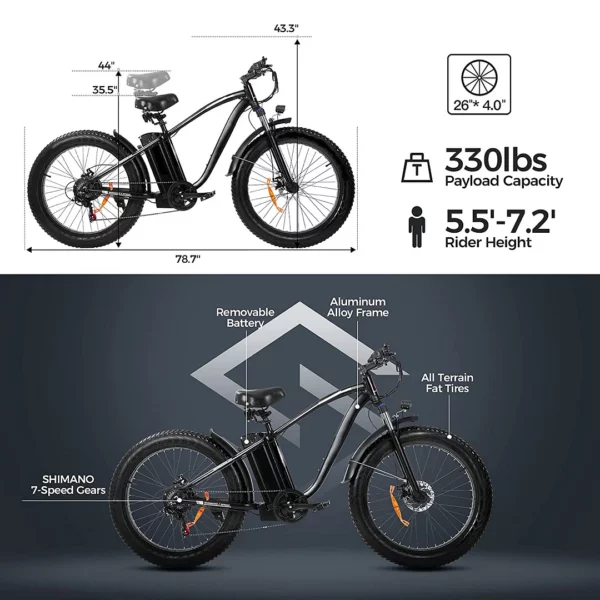 Brand 750W Electric Mountain Bike - 48V/15Ah Battery, Shimano 7-Speed, Dual Disc Brakes, Black - Image 2