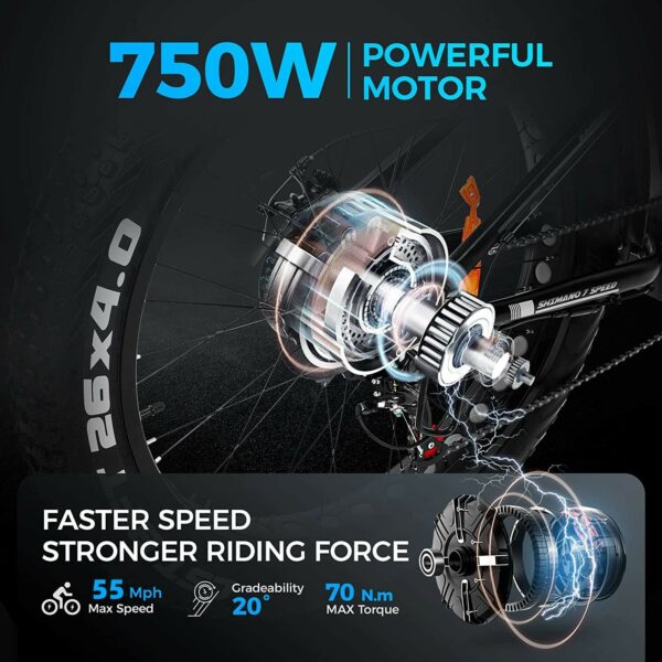 Brand 750W Electric Mountain Bike - 48V/15Ah Battery, Shimano 7-Speed, Dual Disc Brakes, Black - Image 5