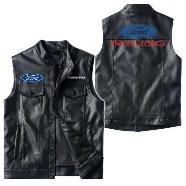 Custom Name Ford Racing Leather Vest - Personalized Logo Car Motorcycle Model