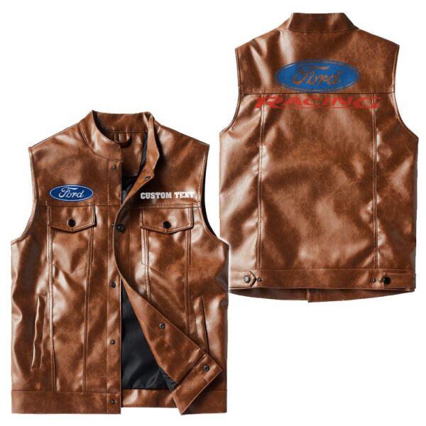 Custom Name Ford Racing Leather Vest - Personalized Logo Car Motorcycle Model - Image 2