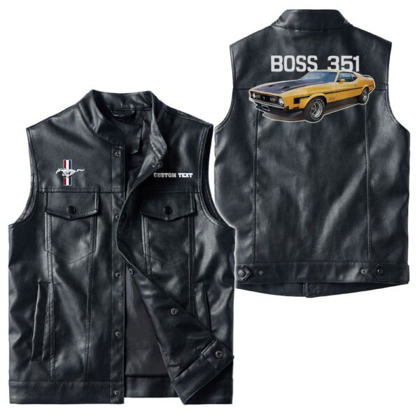 Custom Name Mustang Boss 351 Leather Vest - Personalized Logo Car Motorcycle Model