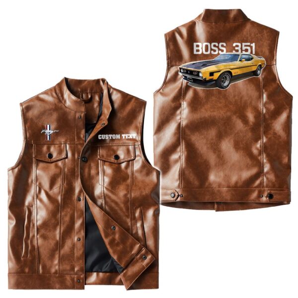 Custom Name Mustang Boss 351 Leather Vest - Personalized Logo Car Motorcycle Model - Image 2