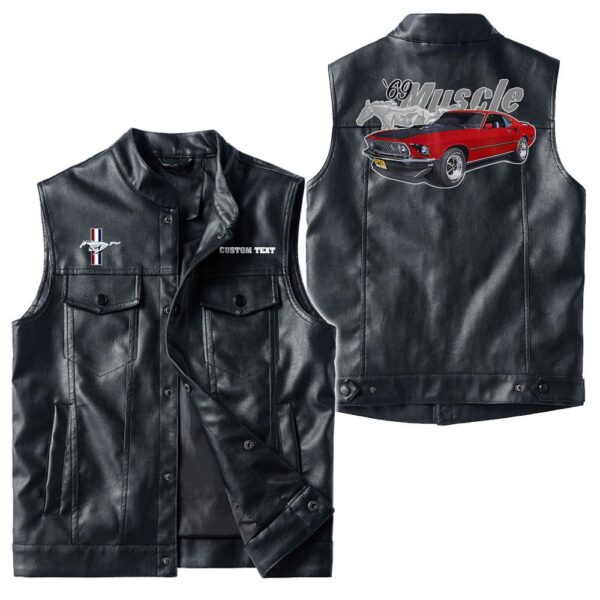 Custom Name Mustang Mach1 1969 Leather Vest - Personalized Logo Car Motorcycle Model