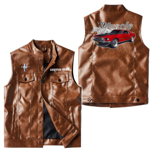 Custom Name Mustang Mach1 1969 Leather Vest - Personalized Logo Car Motorcycle Model - Image 2