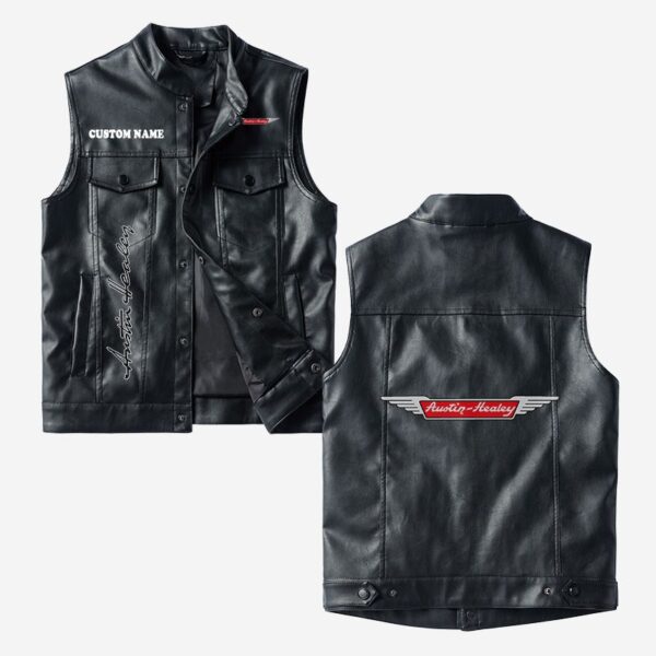 Custom Name Austin Healey Leather Vest - Personalized Logo Car Motorcycle Model
