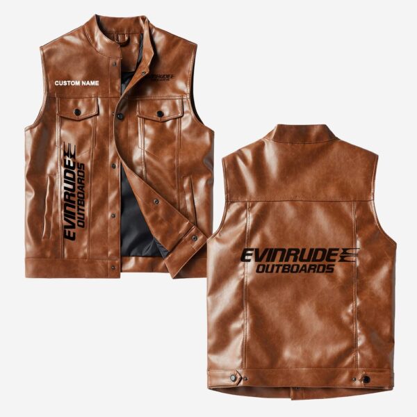 Custom Name Evinrude Outboard Motors Leather Vest - Personalized Logo Car Motorcycle Model - Image 2