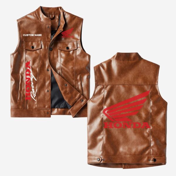 Custom Name Honda Motor Leather Vest - Personalized Logo Car Motorcycle Model - Image 2