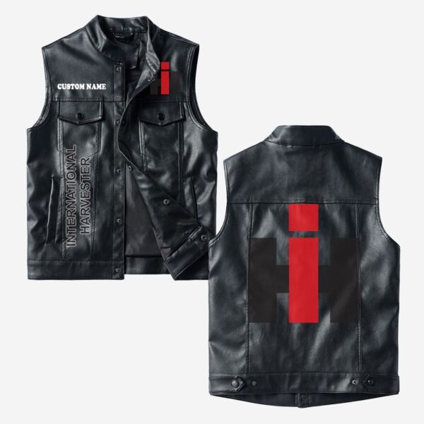 Custom Name International Harvester Leather Vest - Personalized Logo Car Motorcycle Model