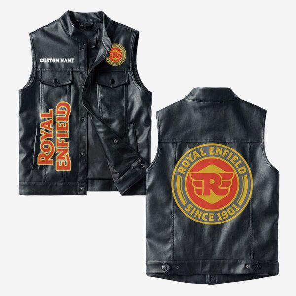 Custom Name Royal Enfield Leather Vest - Personalized Logo Car Motorcycle Model