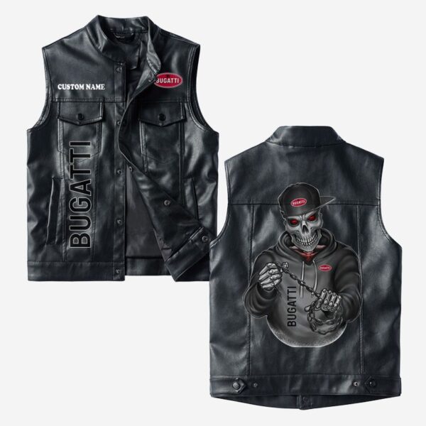 Custom Name Bugatti Leather Vest - Personalized Logo Car Motorcycle Model