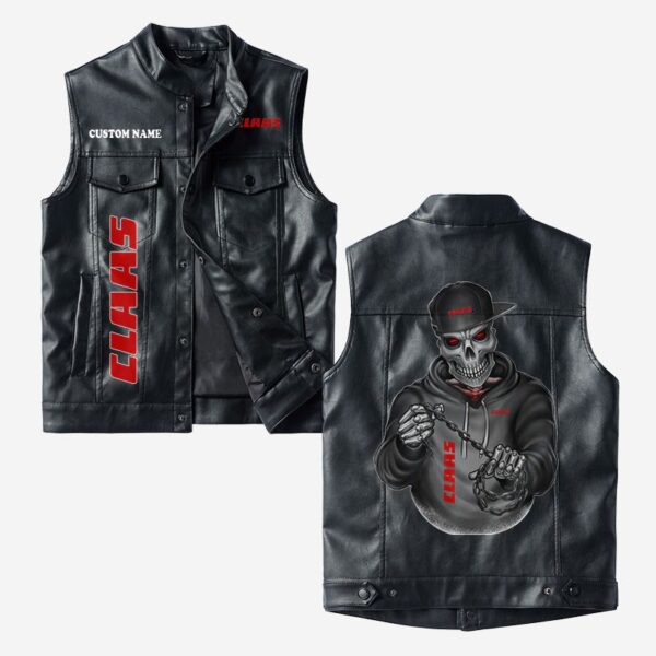 Custom Name Claas Leather Vest - Personalized Logo Car Motorcycle Model