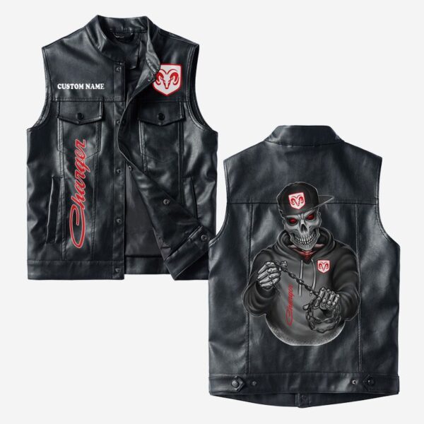 Custom Name Dodge Charger Leather Vest - Personalized Logo Car Motorcycle Model