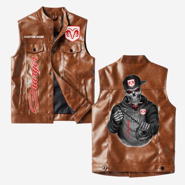 Custom Name Dodge Charger Leather Vest - Personalized Logo Car Motorcycle Model - Image 2