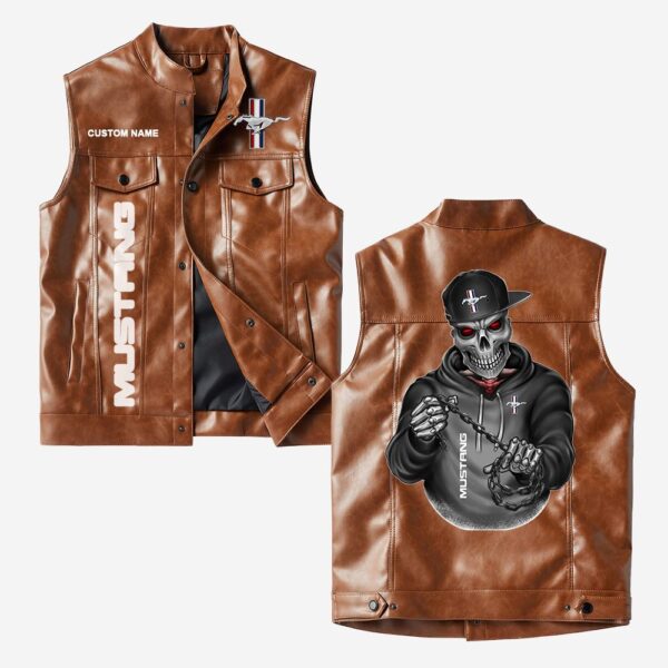 Custom Name Ford Mustang Leather Vest - Personalized Logo Car Motorcycle Model - Image 2
