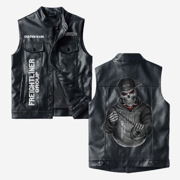 Custom Name Freightliner Group Leather Vest - Personalized Logo Car Motorcycle Model