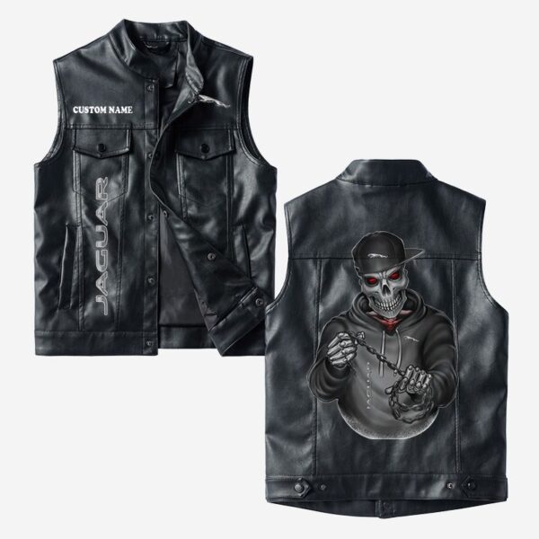 Custom Name Jaguar Cars Leather Vest - Personalized Logo Car Motorcycle Model