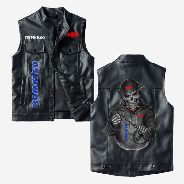 Custom Name Komatsu Leather Vest - Personalized Logo Car Motorcycle Model