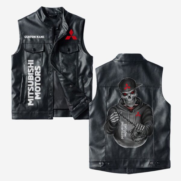 Custom Name Mitsubishi Leather Vest - Personalized Logo Car Motorcycle Model