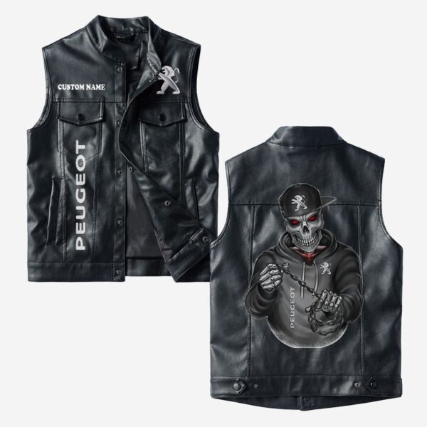 Custom Name Peugeot Leather Vest - Personalized Logo Car Motorcycle Model