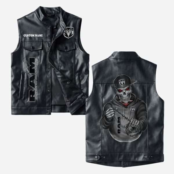 Custom Name Ram Leather Vest - Personalized Logo Car Motorcycle Model