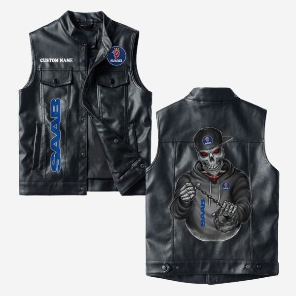 Custom Name Saab Leather Vest - Personalized Logo Car Motorcycle Model