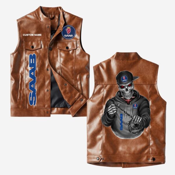 Custom Name Saab Leather Vest - Personalized Logo Car Motorcycle Model - Image 2