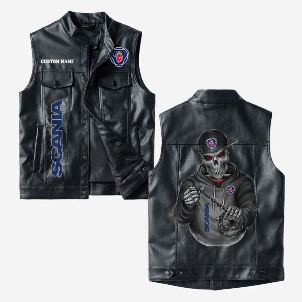Custom Name Scania Leather Vest - Personalized Logo Car Motorcycle Model