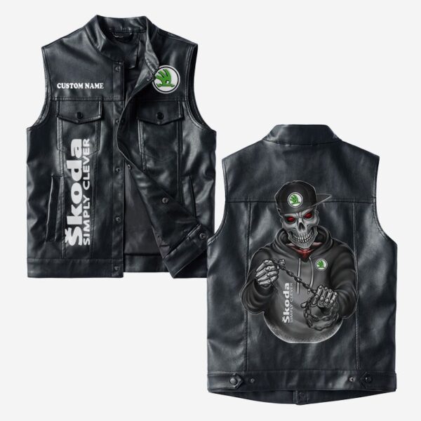 Custom Name Skoda Leather Vest - Personalized Logo Car Motorcycle Model