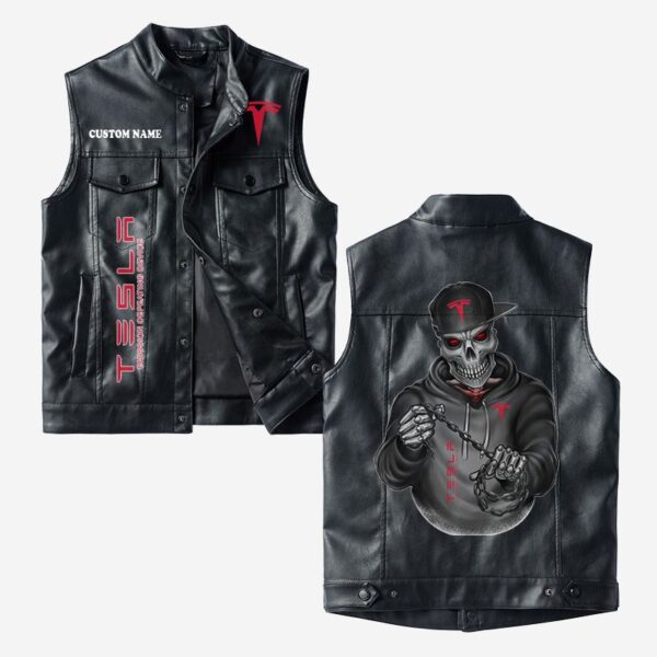 Custom Name Tesla Motors Leather Vest - Personalized Logo Car Motorcycle Model