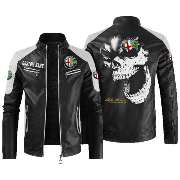 Custom Name Alfa Romeo Contrast Leather Jacket - Personalized Logo Car Motorcycle Model
