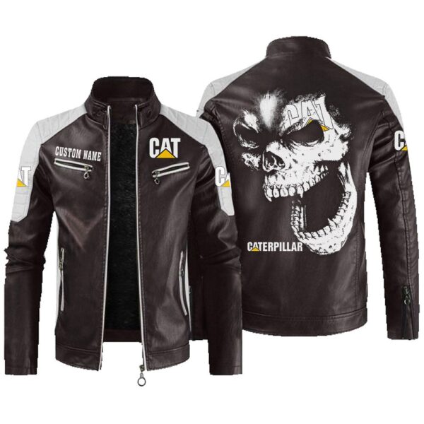 Custom Name Caterpillar Contrast Leather Jacket - Personalized Logo Car Motorcycle Model - Image 3