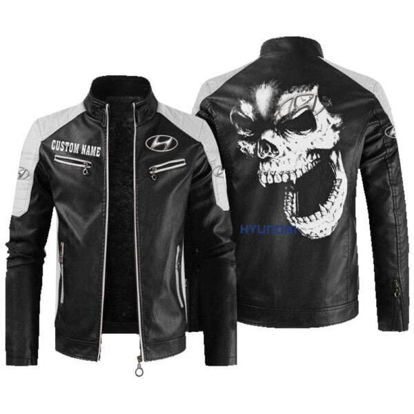 Custom Name Hyundai Contrast Leather Jacket - Personalized Logo Car Motorcycle Model
