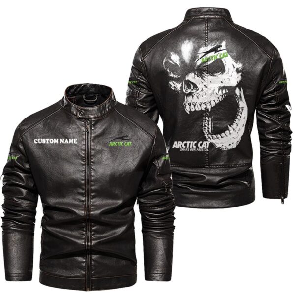 Custom Name Arctic Cat Skull Leather Jacket - Personalized Logo Car Motorcycle Model - Image 3
