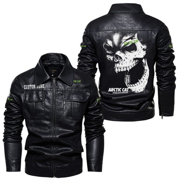 Custom Name Arctic Cat Skull Leather Jacket - Personalized Logo Car Motorcycle Model - Image 7