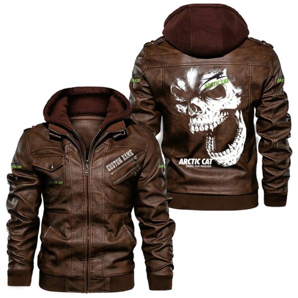 Custom Name Arctic Cat Skull Leather Jacket - Personalized Logo Car Motorcycle Model - Image 2