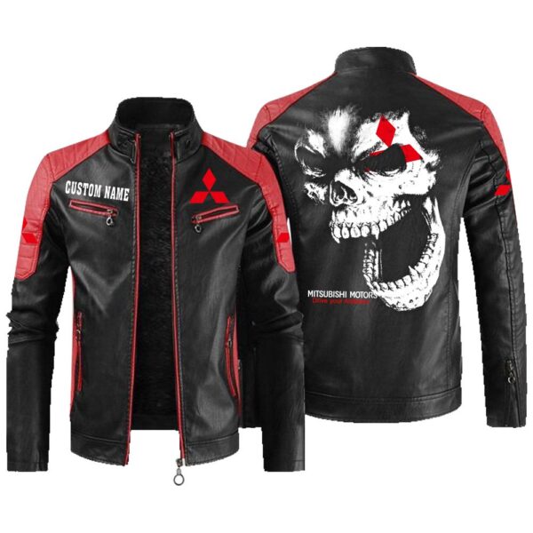 Custom Name Mitsubishi Contrast Leather Jacket - Personalized Logo Car Motorcycle Model - Image 2