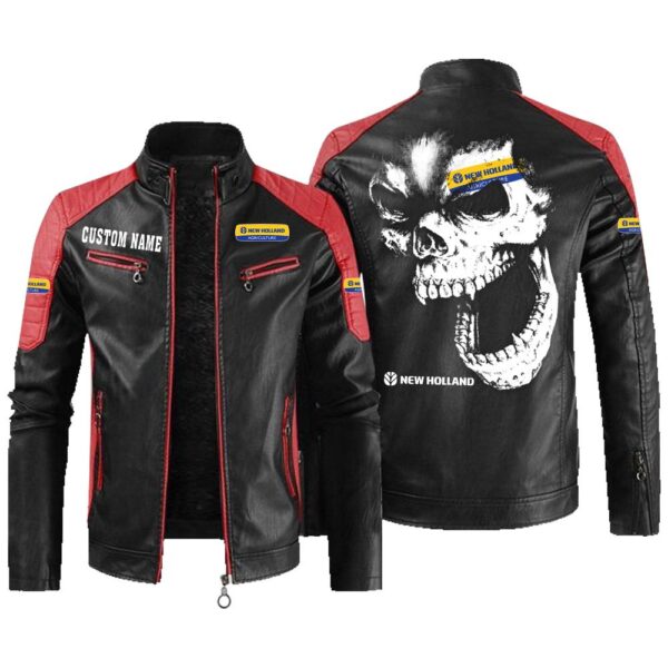 Custom Name New Holland Agriculture Contrast Leather Jacket - Personalized Logo Car Motorcycle Model - Image 2