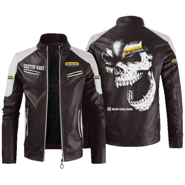 Custom Name New Holland Agriculture Contrast Leather Jacket - Personalized Logo Car Motorcycle Model - Image 3