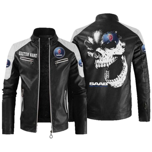 Custom Name Saab Contrast Leather Jacket - Personalized Logo Car Motorcycle Model