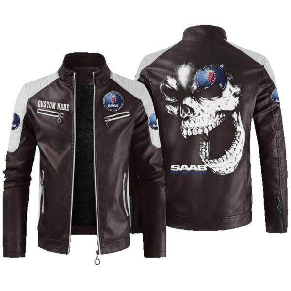 Custom Name Saab Contrast Leather Jacket - Personalized Logo Car Motorcycle Model - Image 3