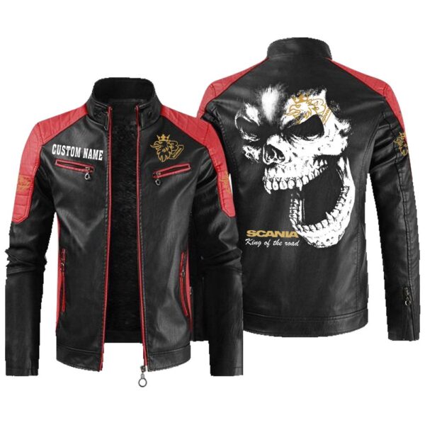 Custom Name Scania V8 Contrast Leather Jacket - Personalized Logo Car Motorcycle Model - Image 2
