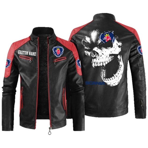 Custom Name Scania Contrast Leather Jacket - Personalized Logo Car Motorcycle Model - Image 2