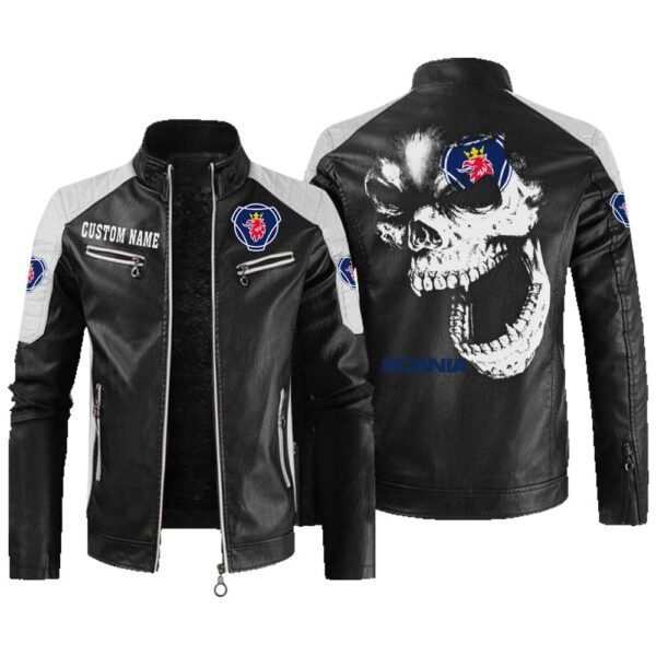 Custom Name Scania Contrast Leather Jacket - Personalized Logo Car Motorcycle Model