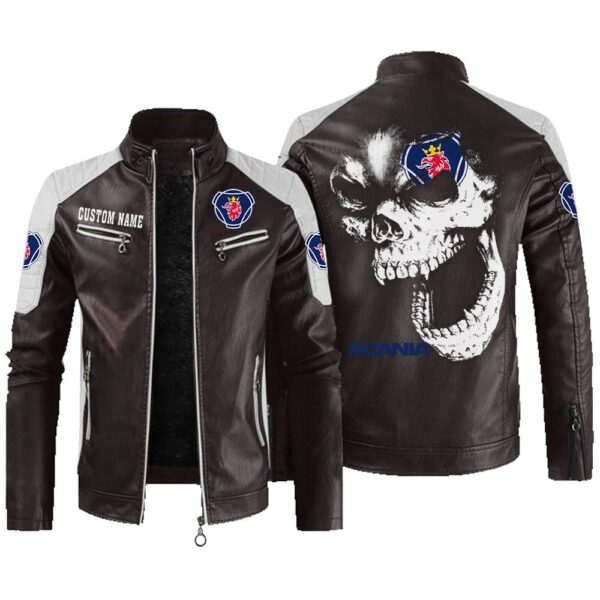 Custom Name Scania Contrast Leather Jacket - Personalized Logo Car Motorcycle Model - Image 3