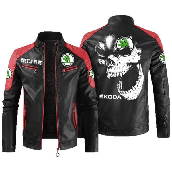 Custom Name Skoda Contrast Leather Jacket - Personalized Logo Car Motorcycle Model - Image 2