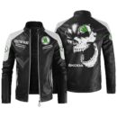 Custom Name Skoda Contrast Leather Jacket - Personalized Logo Car Motorcycle Model